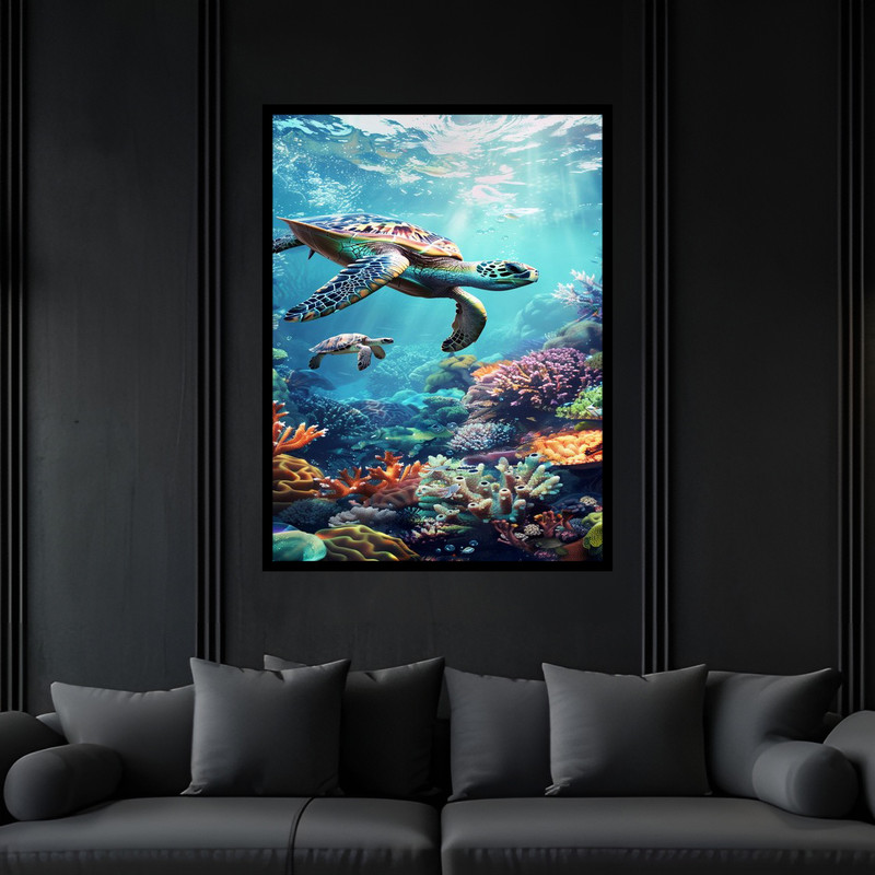 تابلو بکلیت طرح هنری دکوری منظره طبیعت دریا حیوانات لاک پشت مدل B-bu6849 فریم مشکی