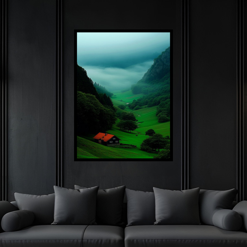 تابلو بکلیت طرح هنری مدرن منظره طبیعت دشت و کلبه جنگلی مدل B-bu6205 فریم مشکی