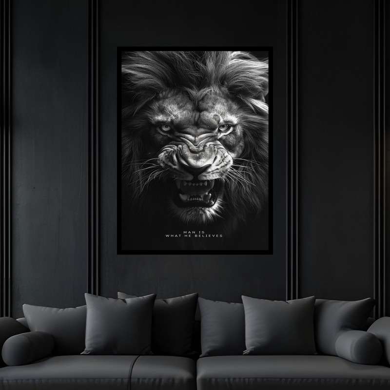 تابلو بکلیت طرح دکوری حیوانات شیر و جمله انگیزشی مفهومی انگلیسی مدل B-bu5885 فریم مشکی