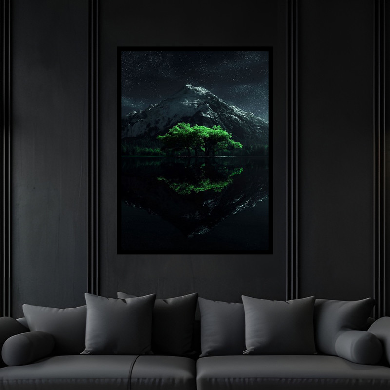 تابلو بکلیت طرح هنری منظره طبیعت و درخت و جنگل و کوه مدل B-bu6051 فریم مشکی