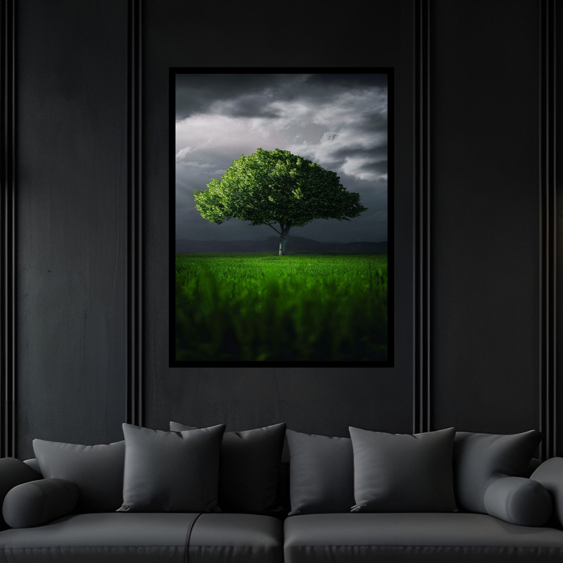 تابلو بکلیت طرح هنری دکوری طبیعت دشت و جنگل و تک درخت مدل B-bu5993 فریم مشکی