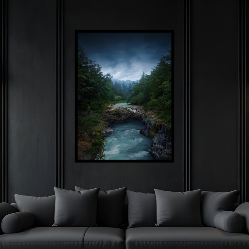 تابلو بکلیت طرح هنری دکوری منظره طبیعت رود و آب مدل B-bu5969 فریم مشکی