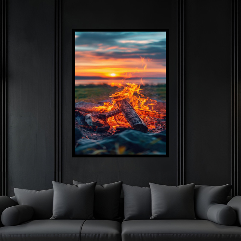 تابلو بکلیت طرح هنری منظره طبیعت آتش و هیزم  مدل B-bu6104 فریم مشکی