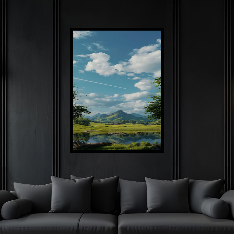 تابلو بکلیت طرح منظره طبیعت جنگل و دشت و کوه مدل B-bu6106 فریم مشکی