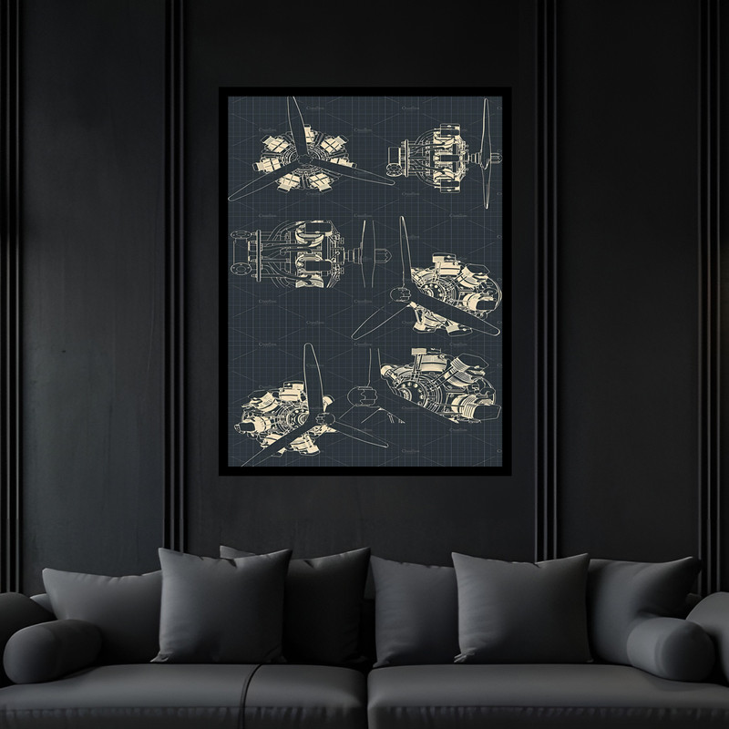 تابلو بکلیت طرح نقشه مهندسی موتور هواپیما مدل B-bu7135 فریم مشکی