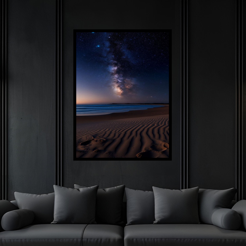 تابلو بکلیت طرح هنری آسمان شب و ستاره و کهکشان دریا و ساحل مدل B-bu6414 فریم مشکی