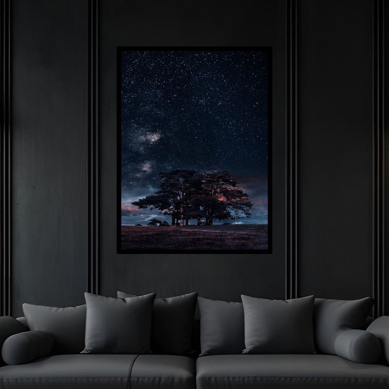 تابلو بکلیت طرح هنری دکوراتیو منظره ظبیعت و درخت آسمان کهکشان و ستاره مدل B-bu6861 فریم مشکی