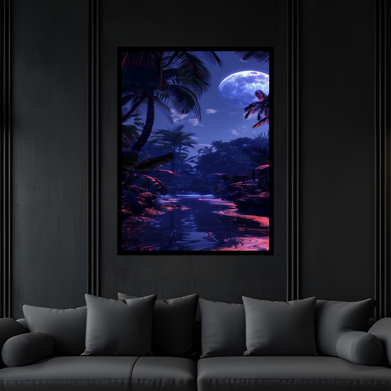 تابلو بکلیت طرح هنری مدرن منظره طبیعت ساحل دریا و آسمان ستاره و ماه مدل B-bu6787 فریم مشکی