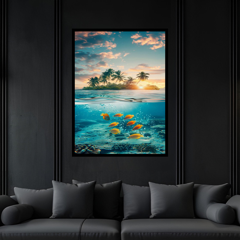 تابلو بکلیت طرح هنری مدرن منظره طبیعت دریا و ماهی مدل B-bu6839 فریم مشکی
