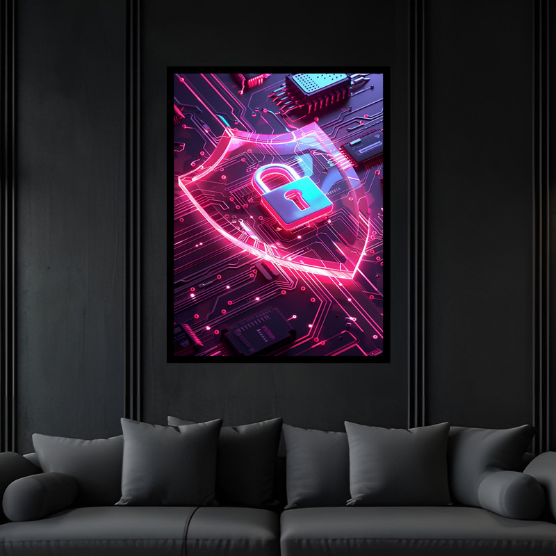 تابلو بکلیت طرح قفل تکنولوژی و فناوری امنیت شبکه کامپیوتر مدل B-bu7154 فریم مشکی