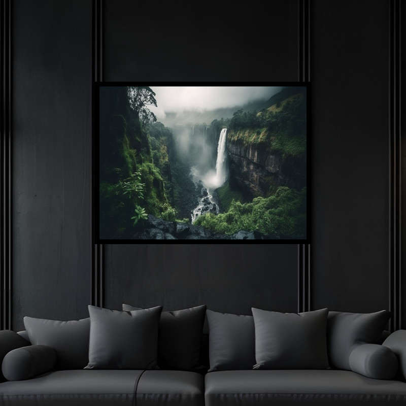تابلو بکلیت طرح منظره طبیعت جنگل و آبشار مدل B-bu6692 فریم مشکی
