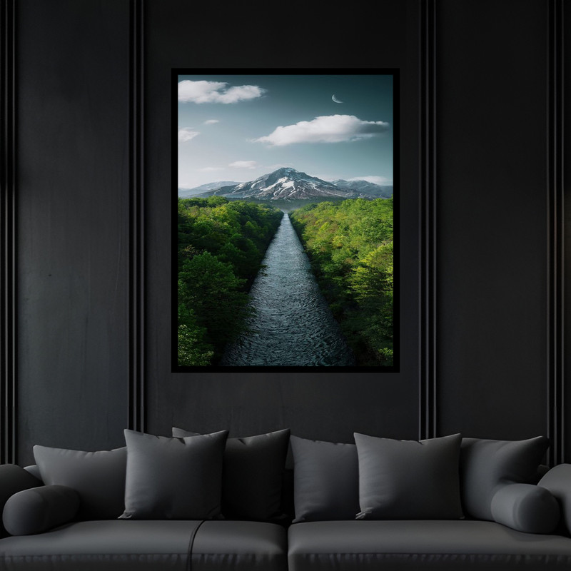 تابلو بکلیت طرح منظره طبیعت و کوه و رودخانه مدل B-bu6783 فریم مشکی