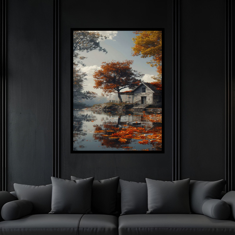 تابلو بکلیت طرح کلبه و تک درخت و برگ فصل پاییز مدل B-bu6776 فریم مشکی