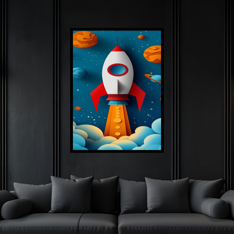 تابلو بکلیت طرح مینیمال فانتزی موشک و هواپیما مدل B-bu6818 فریم مشکی