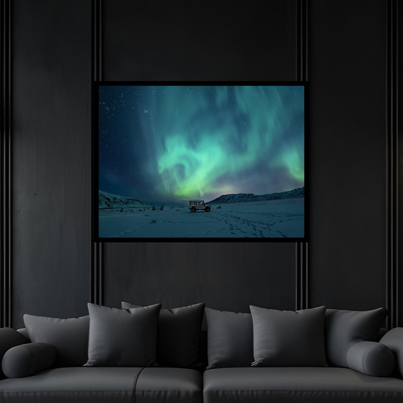 تابلو بکلیت طرح هنری منظره زمستانی برفی شفق قطبی مدل B-bu6663 فریم مشکی