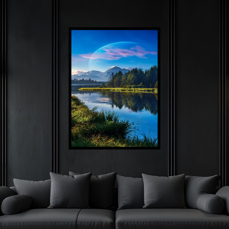 تابلو بکلیت طرح منظره هنری مدرن طبیعت و رودخانه مدل B-bu6739 فریم مشکی