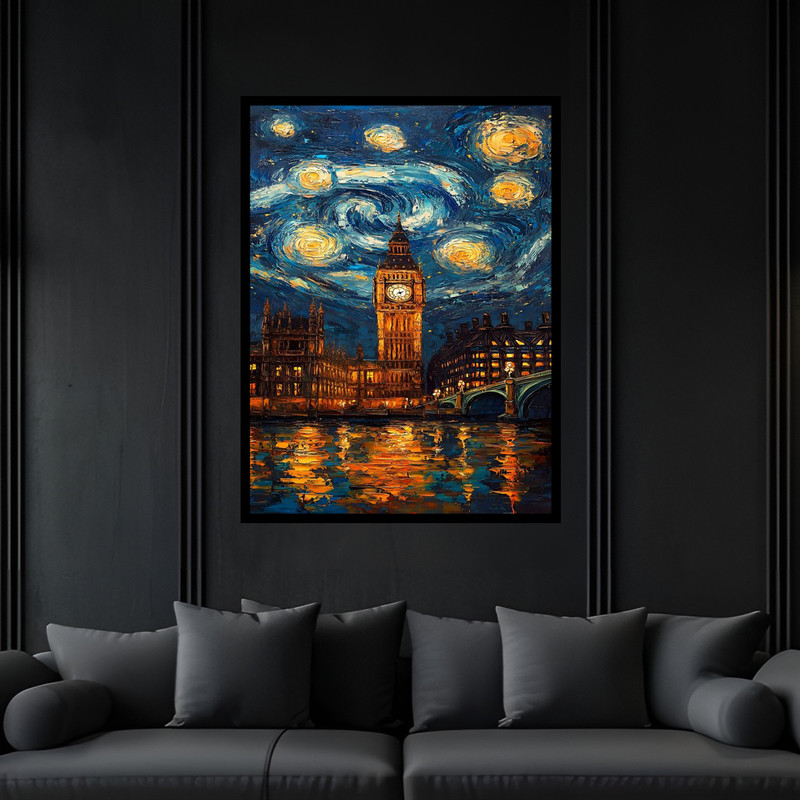 تابلو بکلیت طرح نقاشی هنری مدرن منظره شهری برج ساعت لندن مدل B-bu6278 فریم مشکی