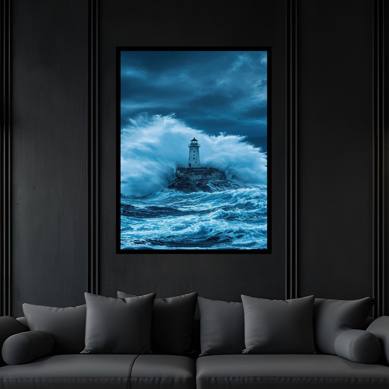 تابلو بکلیت طرح دکوراتیو دریا طوفانی و خروشان و فانوس دریایی مدل B-bu6393 فریم مشکی