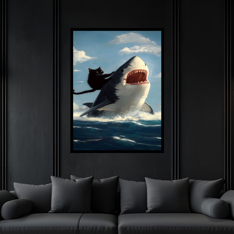 تابلو بکلیت طرح دکوری فانتزی دریا و کوسه و گربه مدل B-bu6265 فریم مشکی