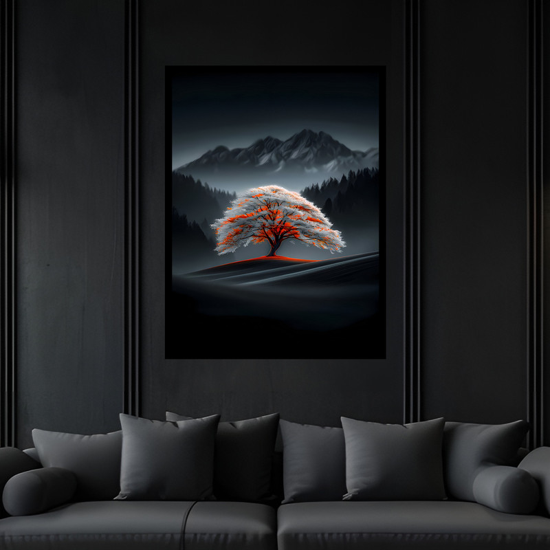 تابلو بکلیت طرح دکوراتیو طبیعت مینیمال تک درخت مدل B-bu7065 فریم مشکی