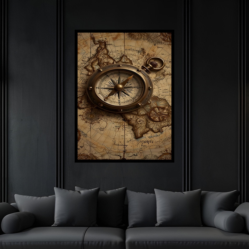 تابلو بکلیت طرح کلاسیک و نوستالژی قطب نما و نقشه مدل B-bu7221 فریم مشکی