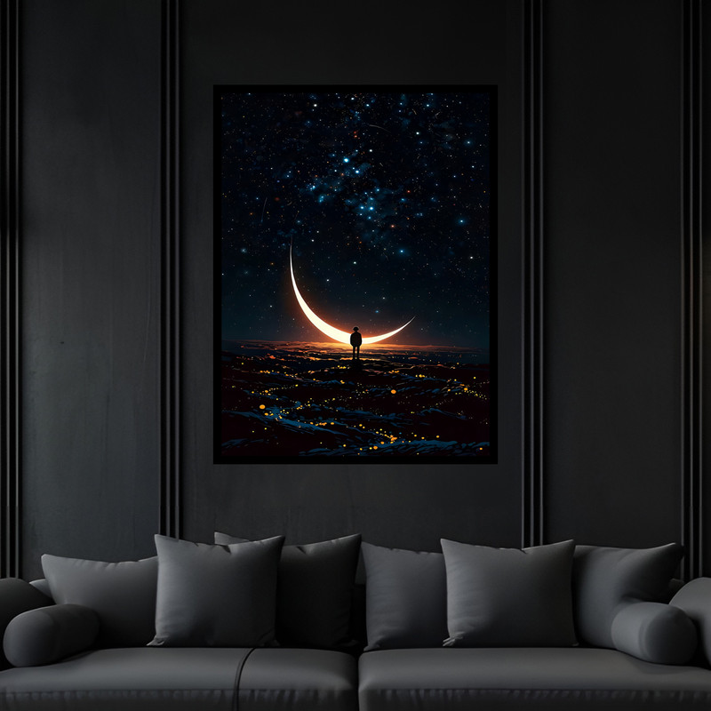 تابلو بکلیت طرح دکوراتیو هنری هلال ماه و ستاره مدل B-bu7347 فریم مشکی