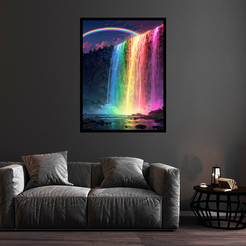 تابلو بکلیت طرح هنری دکوری منظره طبیعت ابشار رنگی کمان مدل B-bu5700 فریم مشکی