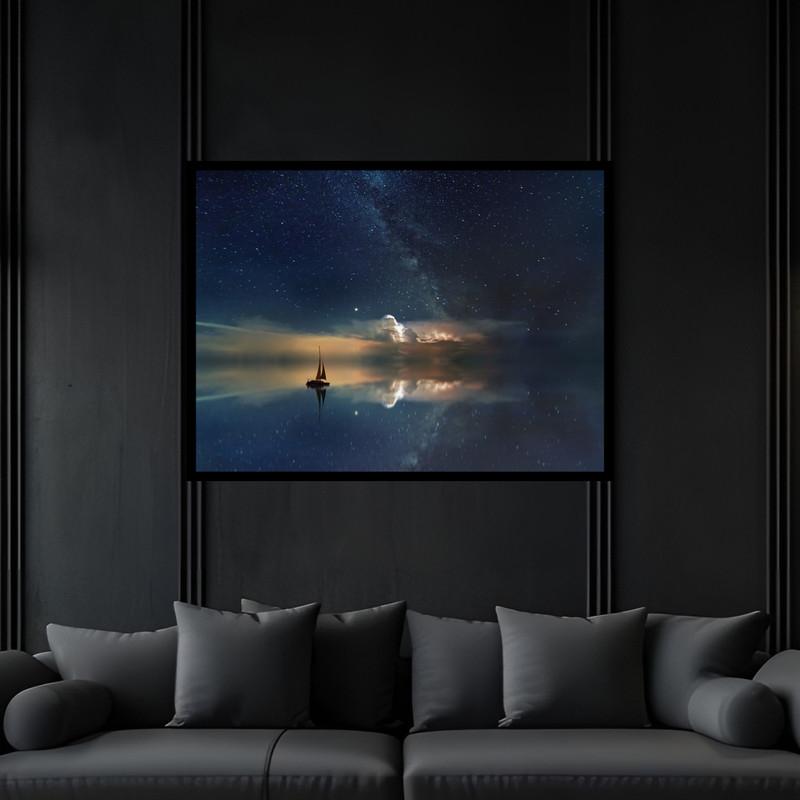 تابلو بکلیت طرح دکوری فانتزی تخیلی فضا و کهکشان و کشتی و قایق  مدل B-bu6577 فریم مشکی