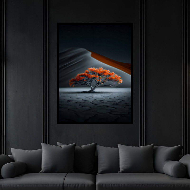 تابلو بکلیت طرح منظره طبیعت مینیمال تک درخت مدل B-bu7290 فریم مشکی