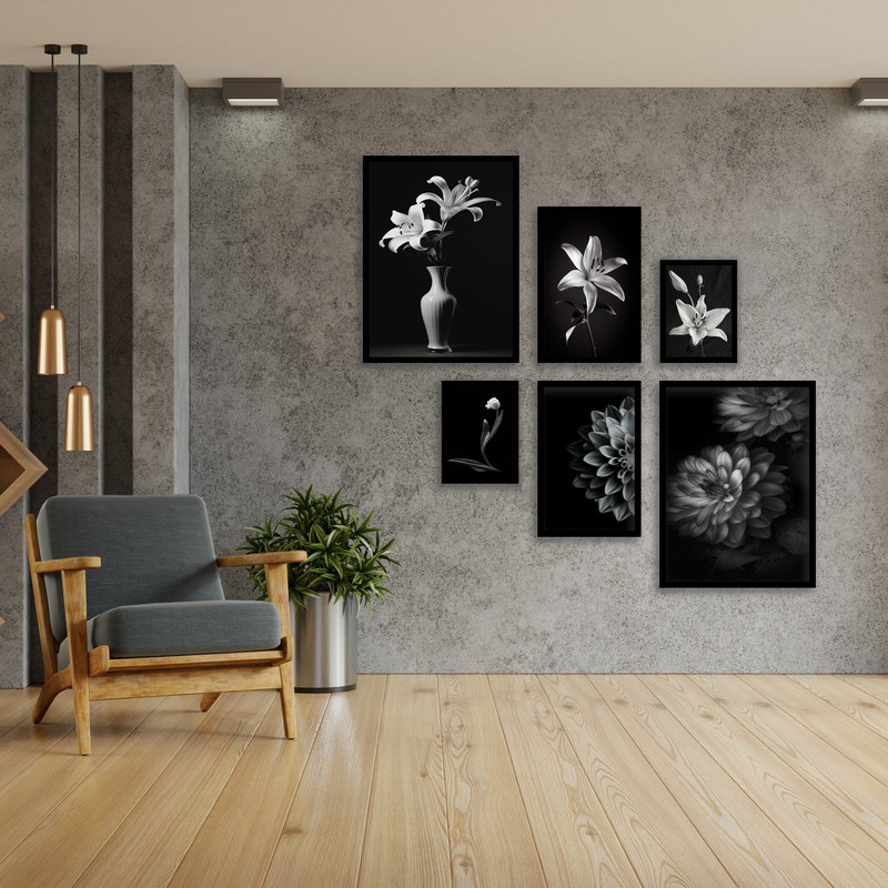 تابلو بکلیت طرح مدرن هنری دکوراتیو گل و گلبرگ و گلدان گل  مدل B-bu3874 مجموعه شش عددی فریم مشکی