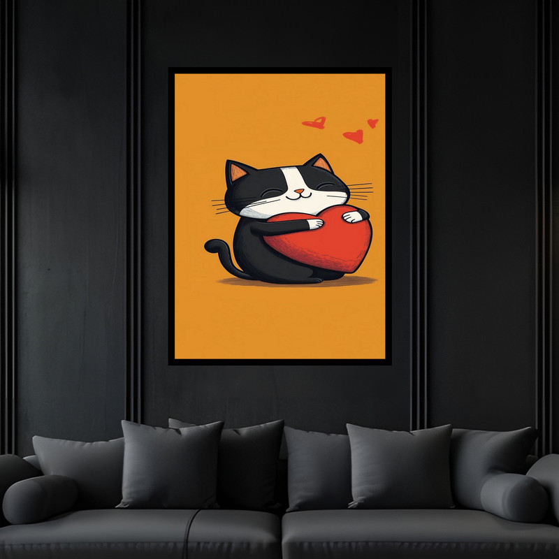 تابلو بکلیت طرح کودک دکوری فانتزی گربه و قلب مدل B-bu6230 فریم مشکی