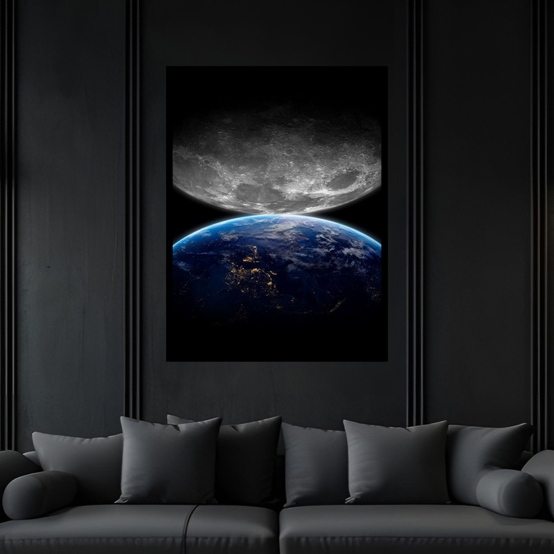 تابلو بکلیت طرح مدرن فضا و کهکشان سیاره زمین و ماه و ستاره مدل B-bu6781 فریم مشکی