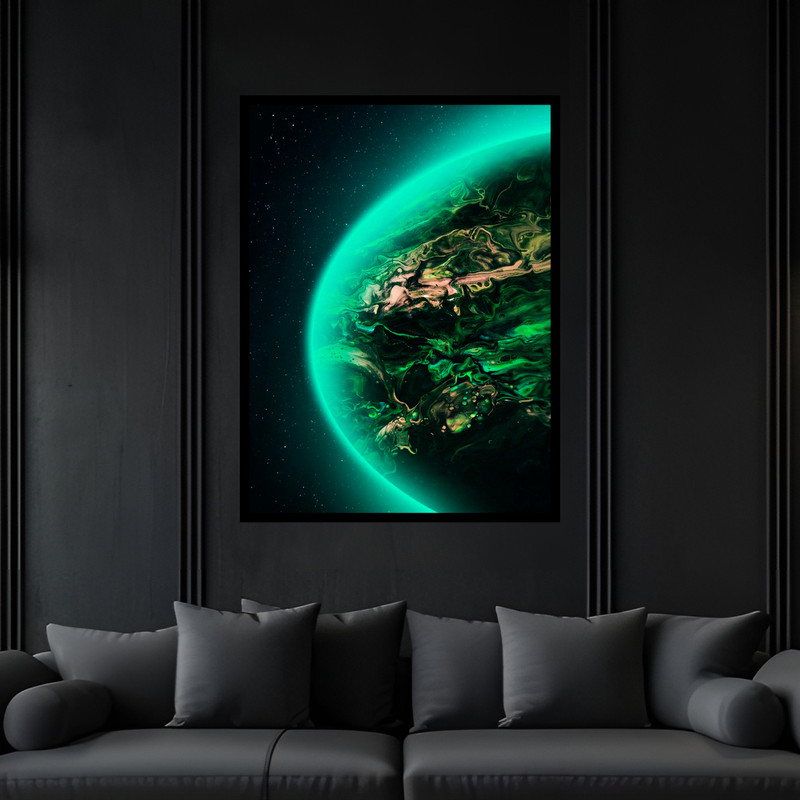 تابلو بکلیت طرح دکوری فضا و کهکشان سیاره و ستاره مدل B-bu5900 فریم مشکی