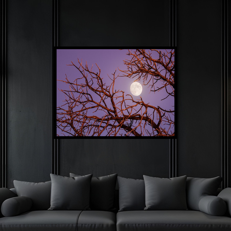 تابلو بکلیت طرح هنری طبیعت درخت و آسمان شب و ماه مدل B-bu6646 فریم مشکی