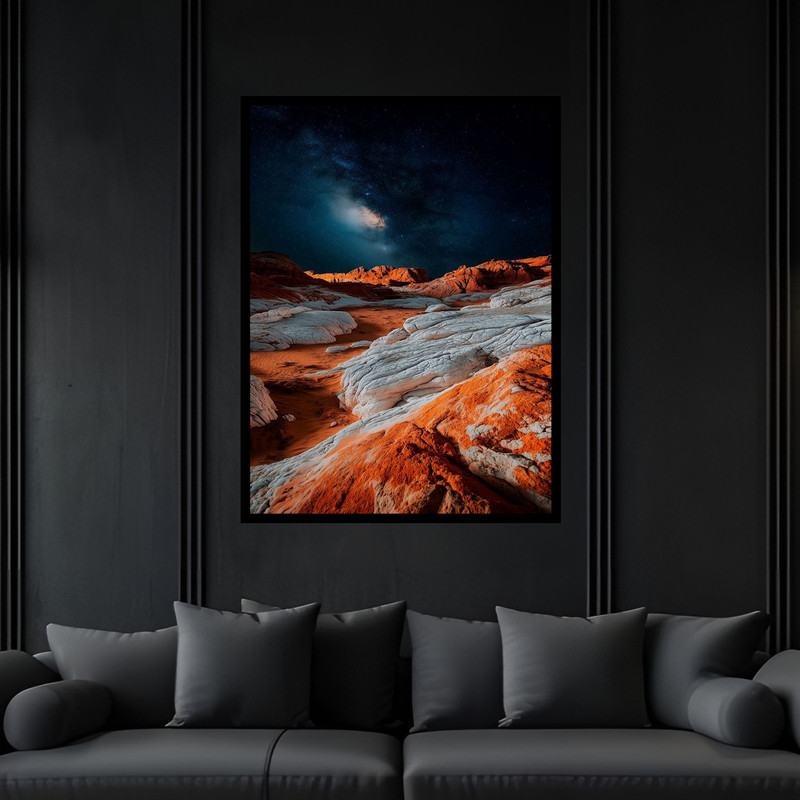 تابلو بکلیت طرح طبیعت صخره و آسمان فضا و کهکشان مدل B-bu6312 فریم مشکی