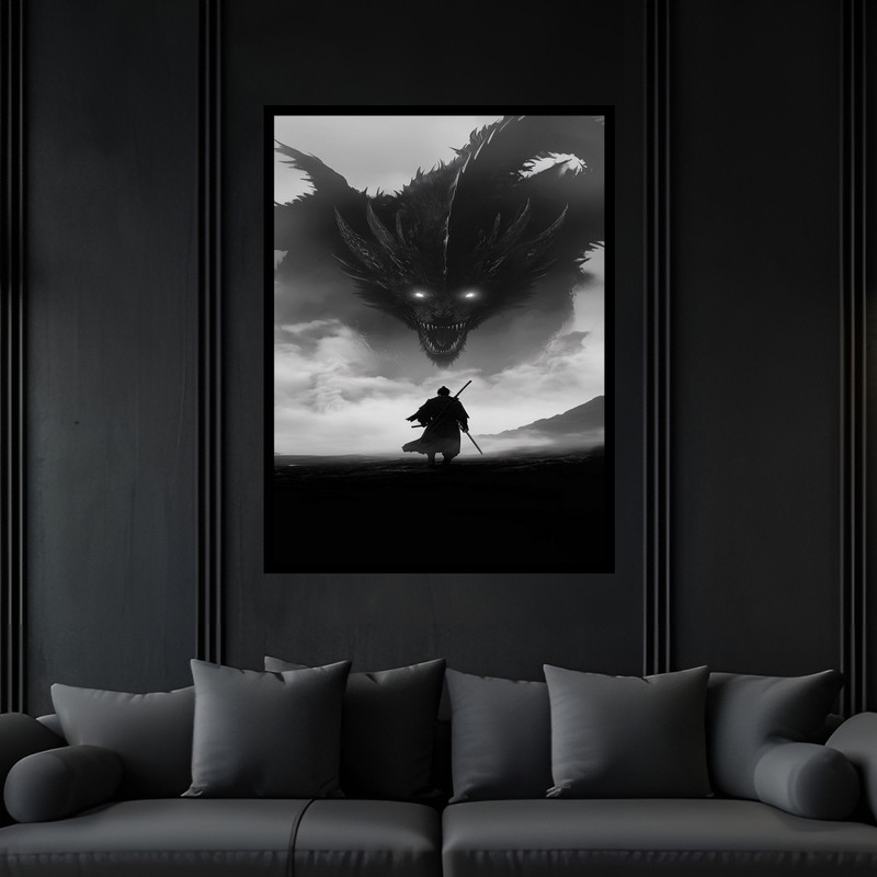 تابلو بکلیت طرح دکوری جنگجوی سامورایی و نینجا و اژدها مدل B-bu6269 فریم مشکی