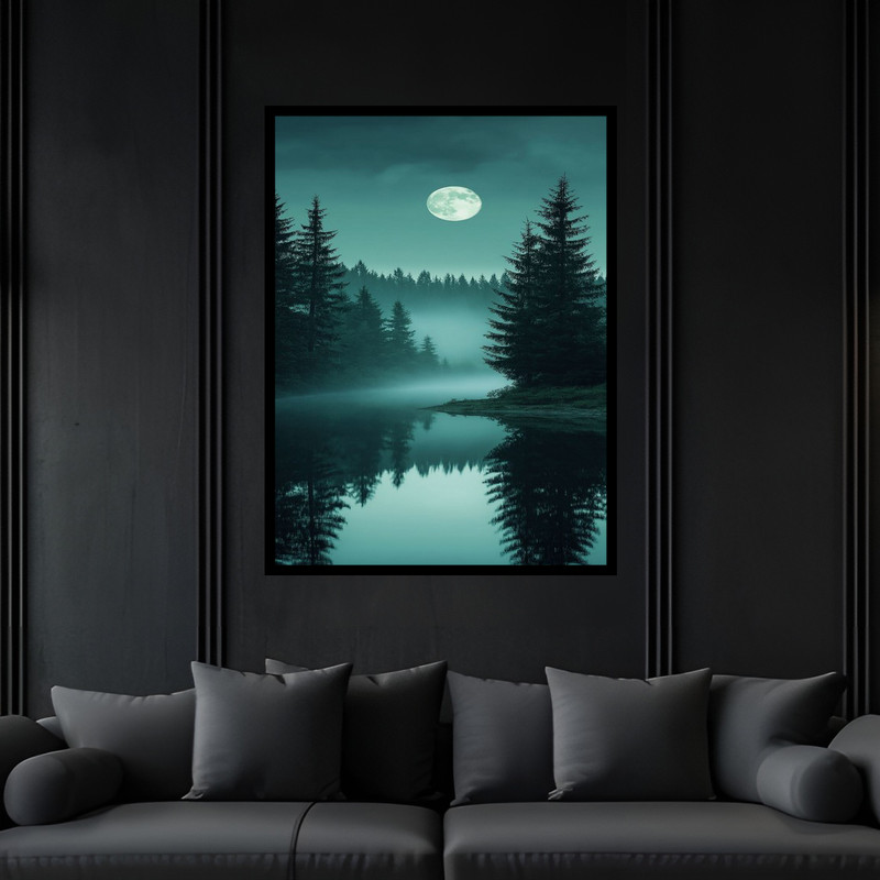 تابلو بکلیت طرح دکوری جنگل تاریک و آسمان شب و ماه مدل B-bu6273 فریم مشکی