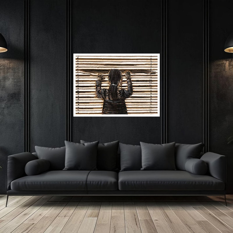 تابلو بکلیت طرح نقاشی مینیمال و مفهومی پرده و پنجره مدل B-bu5613 فریم سفید