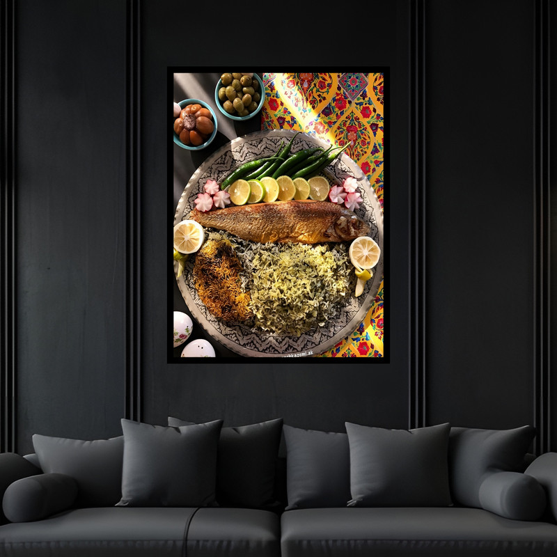 تابلو بکلیت طرح رستوران غذای سنتی ایرانی چلو ماهی مدل B-bu7351 فریم مشکی