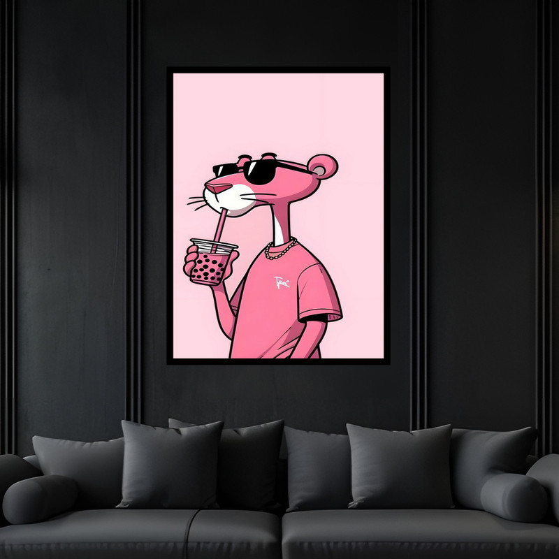 تابلو بکلیت طرح فانتزی دکوری انیمیشن کارتون پلنگ صورتی مدل B-bu6423 فریم مشکی