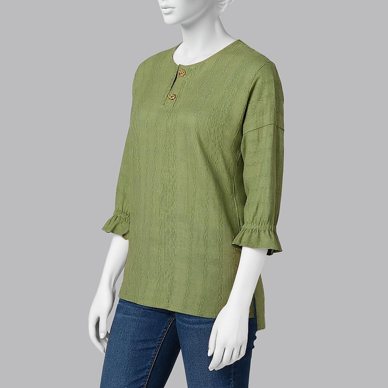 شومیز آستین سه ربع یقه دکمه دار زنانه مدل سوفیا بافت کوک دوزی طرح ساده کد8373