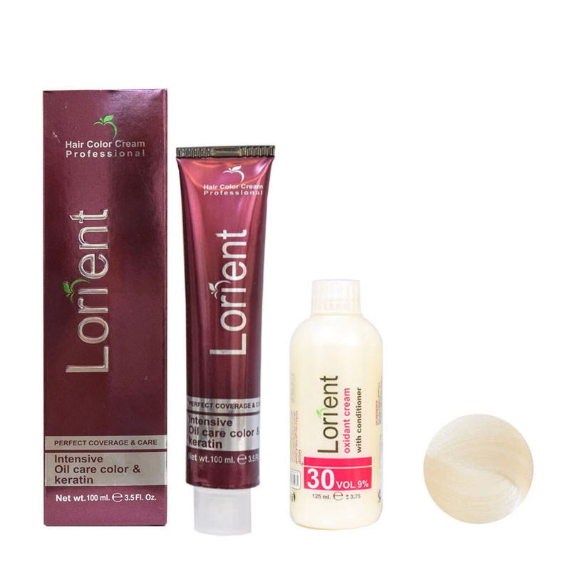رنگ مو لورینت شماره 12.0 حجم 100 میلی لیتر رنگ بلوند پلاتینه به همراه اکسیدان شماره 2 نه درصدی حجم 125 میلی لیتر