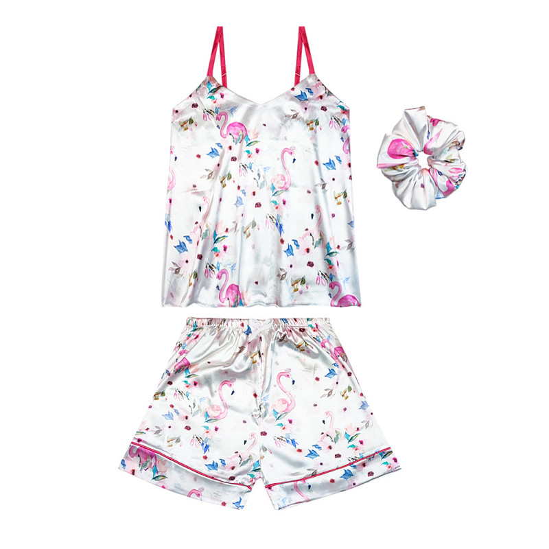 لباس خواب زنانه آنی لوکس مدل ساتن ابریشم طرح فلامینگو کد 66604 به همراه اسکرانچی مو