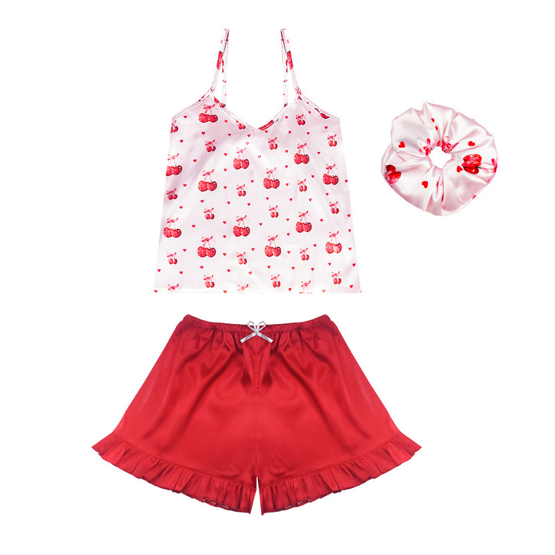 لباس خواب زنانه آنی لوکس مدل رزالین طرح گیلاس کد 666021L به همراه اسکرانچی مو