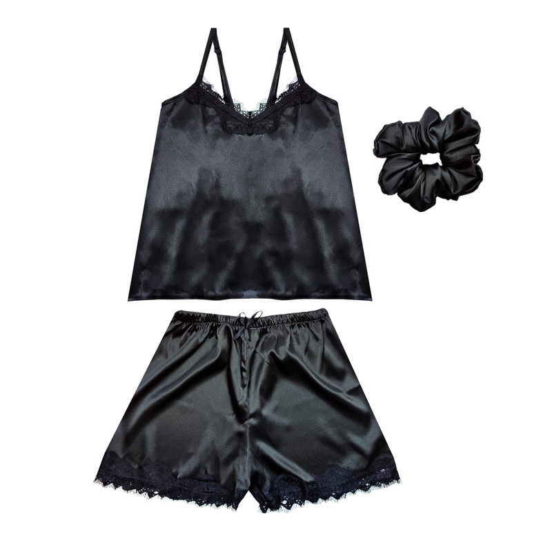 لباس خواب زنانه آنی لوکس مدل ساتن ابریشم گیپوردار کد 666011L به همراه اسکرانچی