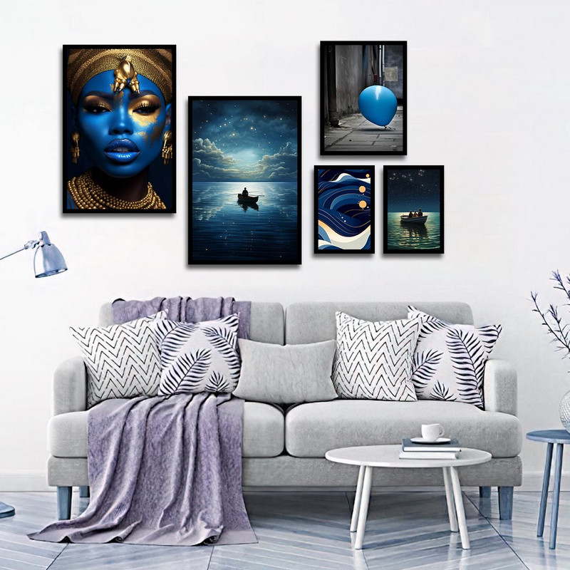 تابلو بکلیت طرح زن آفریقایی و نقاشی دریا کهکشانی مدل B-1376 مجموعه 5 عددی