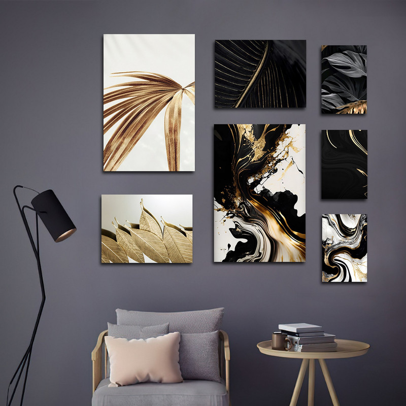 تابلو شاسی بکلیت طرح نقاشی مدرن آبرنگی و ورق طلا برگ مدل SH-1732 مجموعه  7 عددی