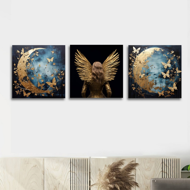 تابلو شاسی بکلیت طرح بال و ماه طلایی مدل SH-1218 مجموعه 3 عددی 