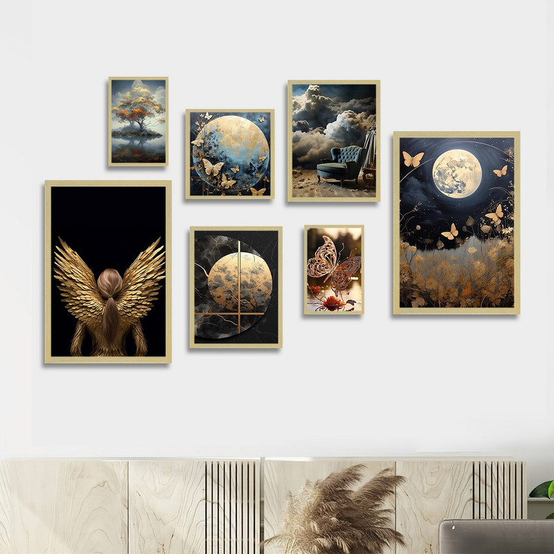 تابلو بکلیت طرح نقاشی مدرن پروانه و بال طلایی مدل BE-1217 مجموعه 7 عددی