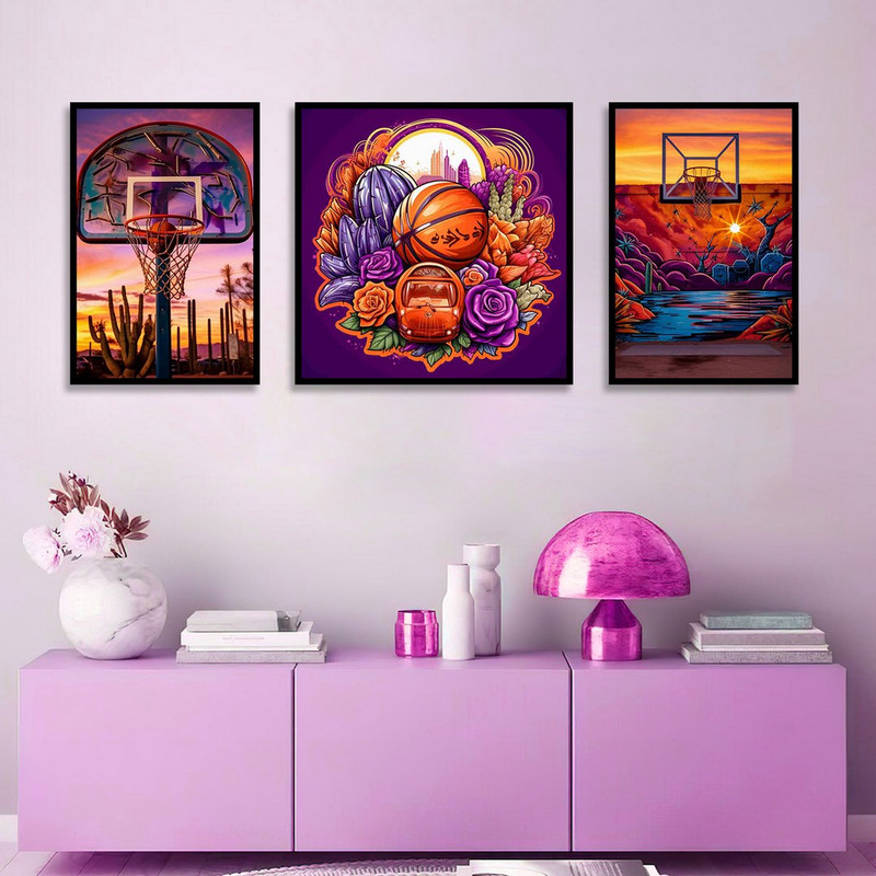 تابلو بکلیت طرح نقاشی تور و توپ بسکتبال مدل B-1183 مجموعه 3 عددی